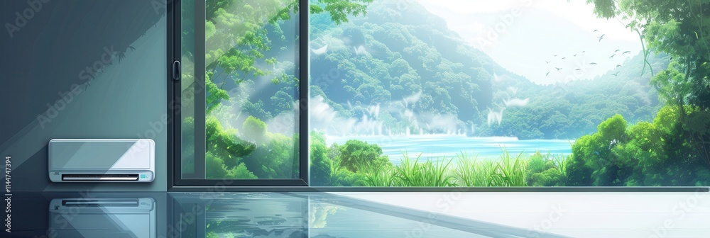 Poster Air conditioner mounted on wall beside an open window with a view of lush greenery and mountains in the background. Generative AI