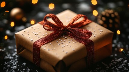 festive gift box with glittery ribbon and decorations