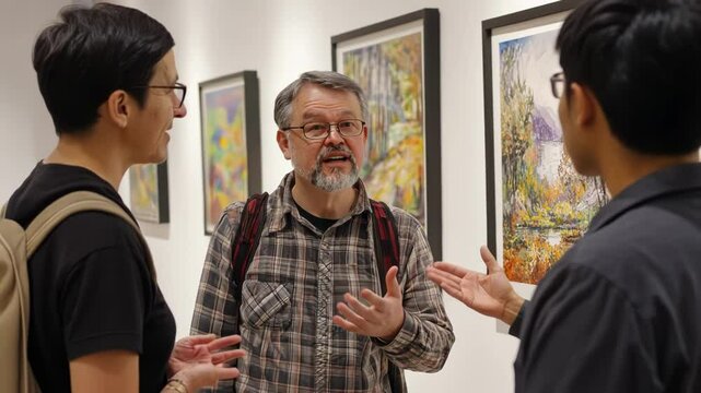 People engaged in discussion at an art gallery surrounded by paintings.