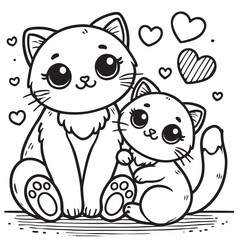 Cat Couple on a Love Shape Vector Line Art Coloring Book Illustration