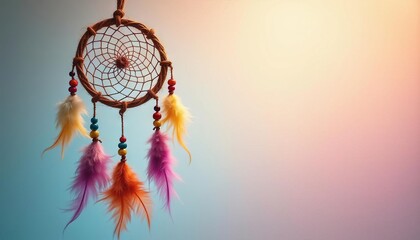 Obraz premium Dreamcatcher with colorful feathers and intricate web design for calm and mystical experience