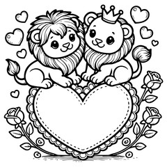 Cute Lion Couple on a Love Shape Vector Line Art Coloring Book Illustration