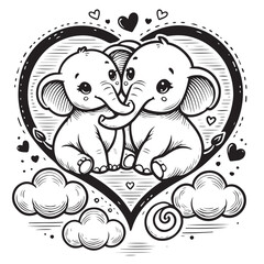 Cute Elephant Couple on a Love Shape Vector Line Art Coloring Book Illustration