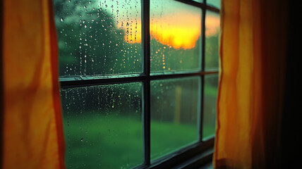 Close up of raindrops on window during sunset, with orange curtains framing view. scene evokes sense of calm and tranquility as nature unfolds outside