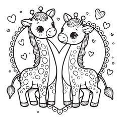 Cute Giraffe Couple on a Love Shape Vector Line Art Coloring Book Illustration