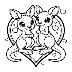 Cute Kangaroo Couple on a Love Shape Vector Line Art Coloring Book Illustration