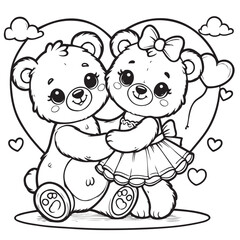 Cute Bear Couple on a Love Shape Vector Line Art Coloring Book Illustration