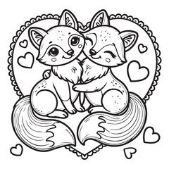 Cute Fox Couple on a Love Shape Vector Line Art Coloring Book Illustration