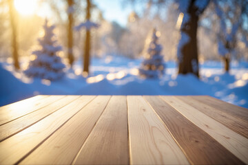 empty wooden table with a blurred winter season forest background