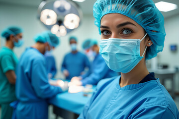 A focused female surgeon in blue scrubs and a surgical mask stands in a brightly lit operating room, with other medical professionals in the background performing a procedure.