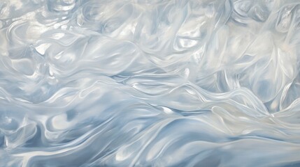 Obraz premium Ethereal waves of translucent silver and soft gray flow gently over a pale blue background, creating a serene and dreamlike atmosphere with delicate, fluid forms.