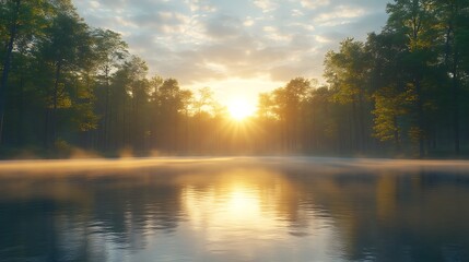Fototapeta premium Serene Sunset Over Misty Forest Lake