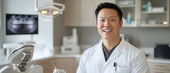 Smiling Asian Dentist Ready with Equipment in Clean Dental Office