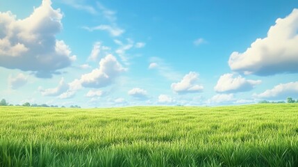 Obraz premium Serene outdoor scene with a carpet of green grass stretching to the horizon, framed by a brilliant blue sky and soft clouds