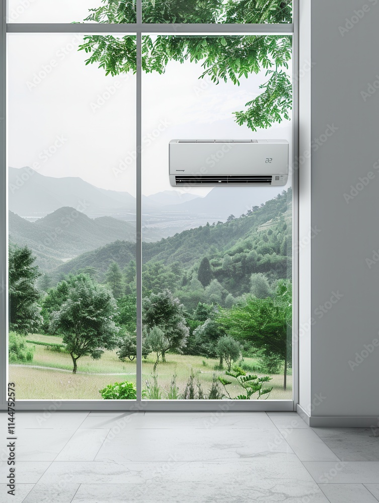 Aufkleber Air conditioner mounted on wall near open window with scenic mountain view in the background. Generative AI