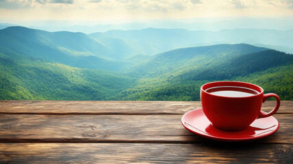 red coffee cup sits on wooden table, overlooking stunning green mountains. serene landscape evokes sense of calm and tranquility, perfect for enjoying warm beverage