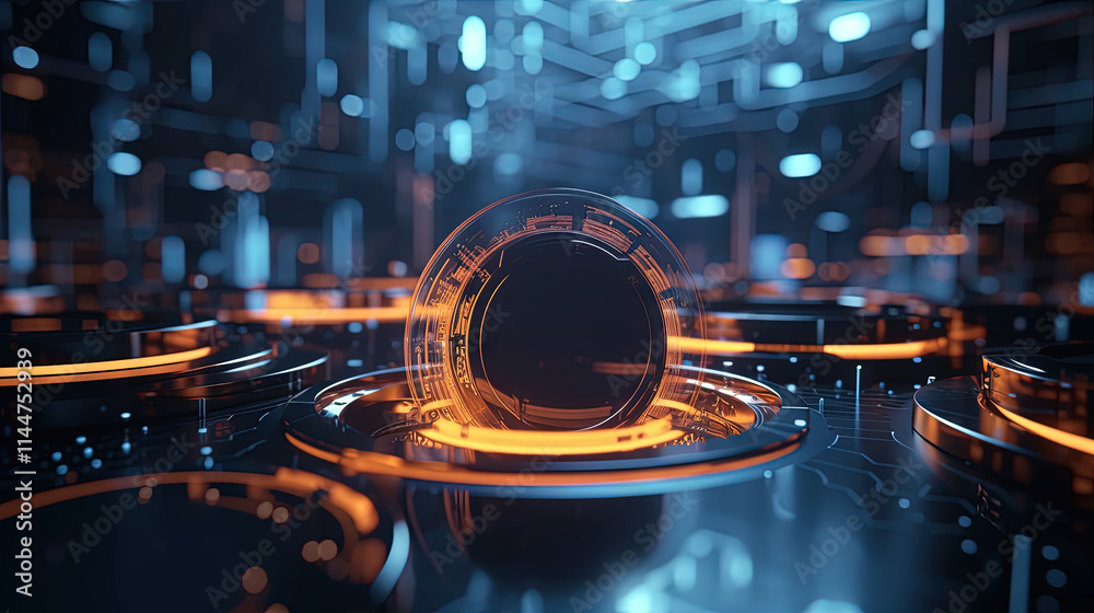 Poster Technology abstract background with hud styled round interface elements in neon tech light.