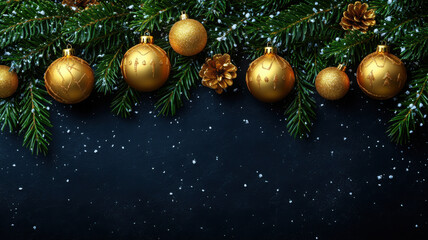 Naklejka premium Golden Christmas ornaments and pine branches create festive atmosphere, adorned with snowflakes for joyful holiday spirit. Perfect for seasonal decorations and celebrations