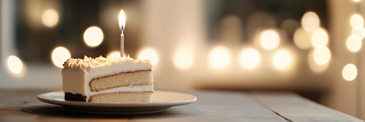 A delicious slice of vanilla layered cake with cream filling, topped with a lit candle, celebrating a joyous occasion against a backdrop of glowing lights.