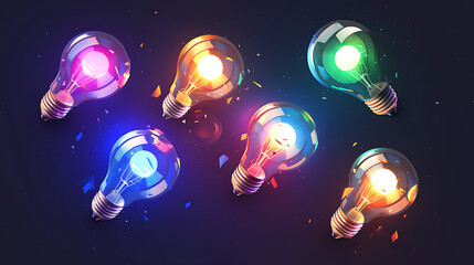 Naklejka premium Colorful light bulbs with glowing interiors against a dark background.