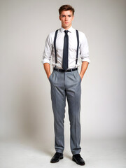 A handsome, smiling businessman in a casual shirt and jeans, posing confidently in a studio