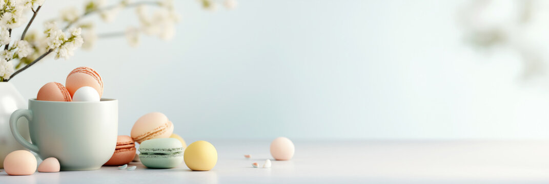 Colorful macarons paired with eggs in matching pastel hues create a harmonious and delightful springtime theme, presenting a sweet treat and fresh new beginnings.