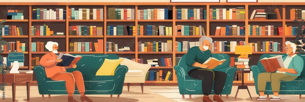 Poster Elderly individuals engaged in reading and studying within a cozy library environment during daytime hours. Generative AI