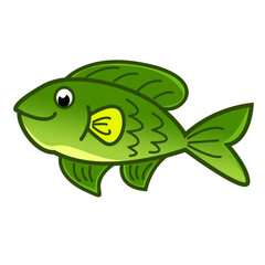 Illustration of Cute Fish animal Isolated. Hand drawn cute cartoon illustration of GREEN fish. Flat vector lucky sign in doodle style.
