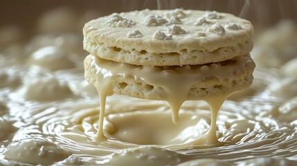 Delicious stack of cookies dripping with creamy sauce.