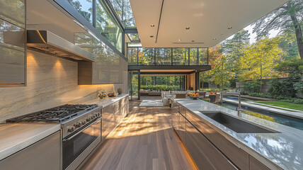 Modern contemporary kitchen with sleek design, large windows, and natural light. Features elegant cabinetry, marble countertops, and spacious layout, perfect for cooking and entertaining