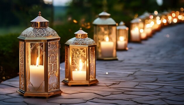 candle light in glass lanterns and gorgeous lamp at luxury wedding ceremony in evening, decor and arrangements, passion
