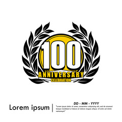100th years anniversary celebration emblem. anniversary logo isolated with laurel wreath on white background. vector illustration template design for web, flyers, poster, invitation & greeting card