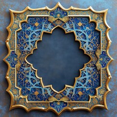 3d Elegant Islamic-Inspired Frame with Geometric and Arabesque Designs, Featuring a Gold, Blue, and White Color Palette