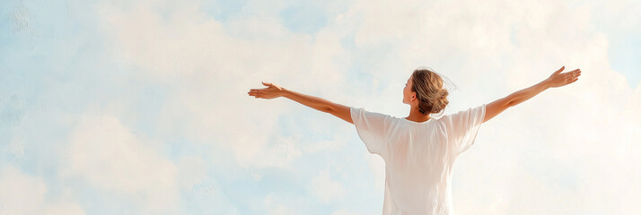 Fototapeta premium A person stands with arms wide open, embracing the sky and soft clouds, representing freedom, joy, and the limitless possibilities of the human spirit.