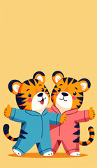 Two little tigers， One male wears blue clothes，One female wears pink clothes ，Cartoon，flat，There must be the letters 2025 ， the words “Third Year Germany”