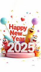 3D Cartoon style, " HAPPY NEW YEAR 2025" on white background