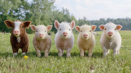 Fototapeta premium Five adorable piglets in a row, standing in a green pasture.