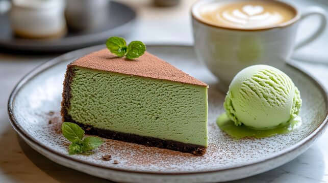 A slice of green cheesecake with chocolate crust, garnished with fresh mint leaves and served on a white plate.