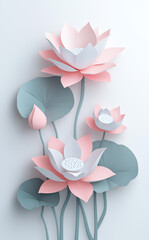 3d wall tiles design. white lotus with green leaf, grey marble background