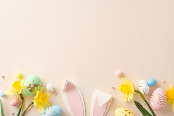 Bright and festive Easter decoration with colorful eggs, bunny ears, and daffodils on pastel backdrop