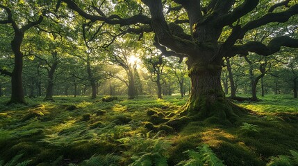 Naklejka premium Sunlight filtering through the canopy of a lush forest.