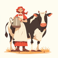 Depicting a woman next to a cow milking a cow