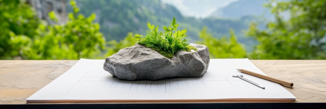 Mountaintop Plant Study on Desk - Serene image symbolizing nature, growth, planning, research, and the environment.  A small plant thrives in a rock on a desk with a pencil, suggesting a study or surv