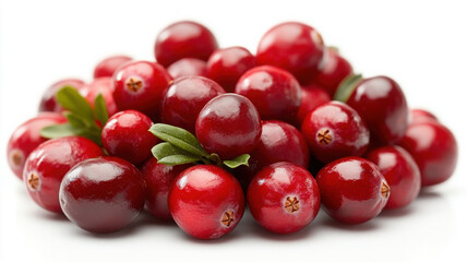 Fresh cranberries piled together, showcasing their vibrant red color and glossy texture, with green leaves adding touch of contrast. Perfect for holiday recipes and healthy snacks