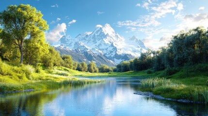 Fototapeta premium Serene mountain lake reflecting snow-capped peaks under a vibrant sky. (1)