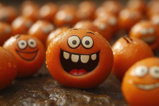 Brightly colored smiling faces give a sense of joy and humor in a playful dessert display at a festive event