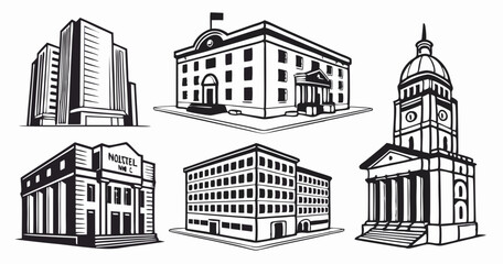 Fototapeta premium Building Icons Set: Bank, Hotel, Courthouse, Real Estate, and Urban Architecture Vectors.