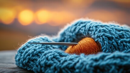 Close-up of knitting needles and yarn on a textured, teal-blue knitted fabric against a warm sunset backdrop.