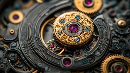 Obraz premium Close-up of intricate watch mechanism with gears, springs, and polished components.