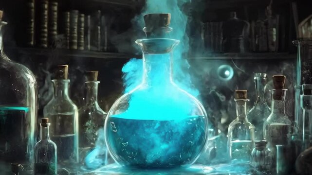A blue magic potion bubbles and emits smoke in a mysterious laboratory setting. Perfect for fantasy and alchemy-themed projects.. AI Generation
